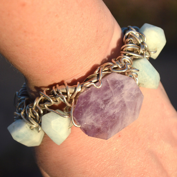 Conceptual Subculture Jewelry - Genuine Jade Aquamarine Sterling Silver Bracelet Brutalist 925 Handmade Rustic